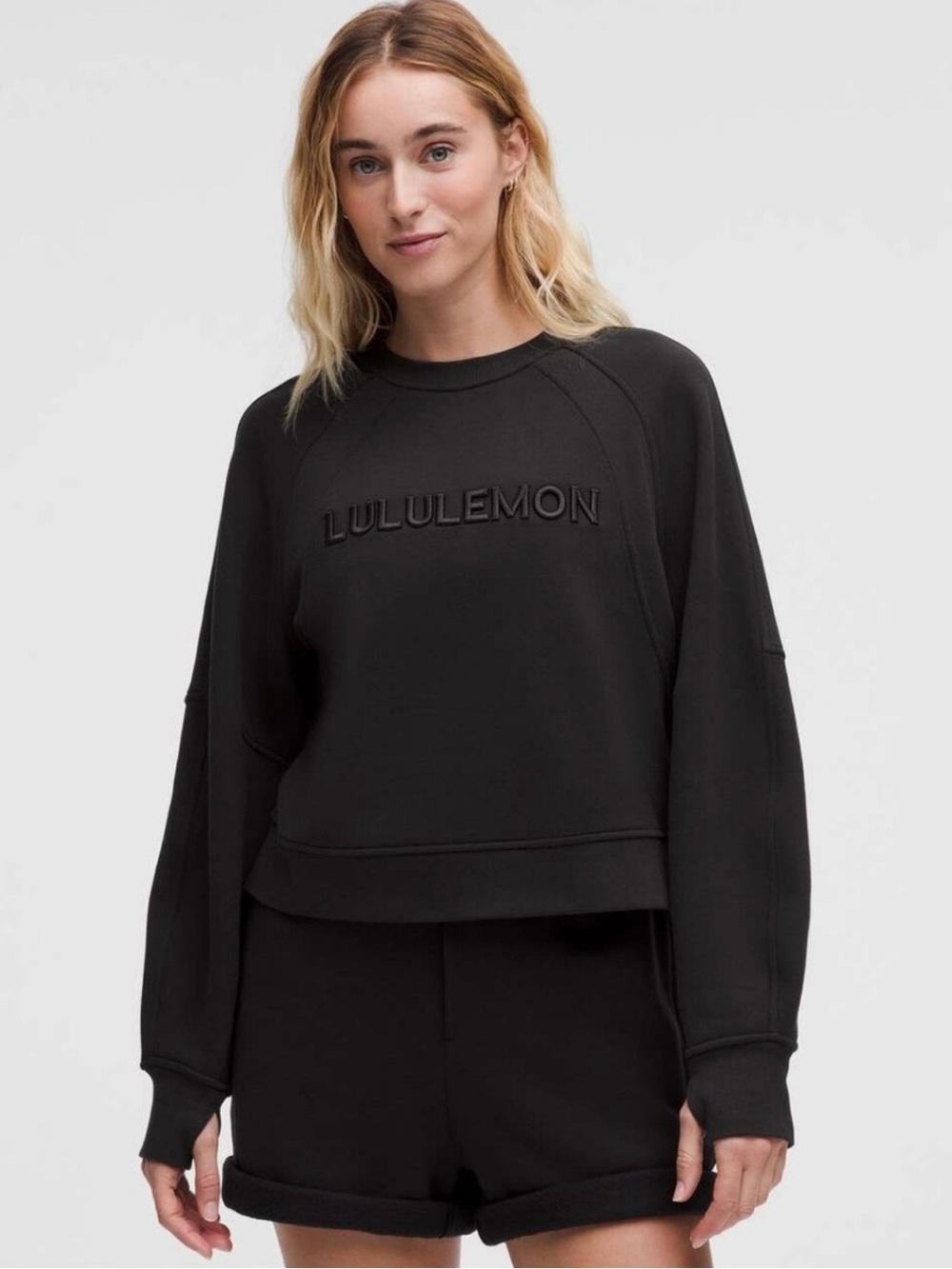 Lululemon Scuba Black Embossed Logo Crewneck Cotton Blend Pullover Sweatshirt